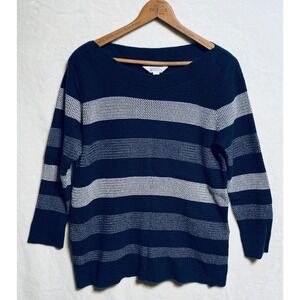Market & Spruce Sweater Womens LP Navy White Striped Boat Neck 3/4 Sleeve Knit